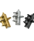 Three spring loaded automatic door closer hinges, gold, silver, black finishes, iron construction. Model 572 shown.