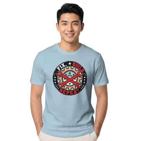 Chill Mechanical Engineer T-Shirt For Real Builders Vintage Gear Badge Design Soft 100% Cotton Tee modeling blue color.