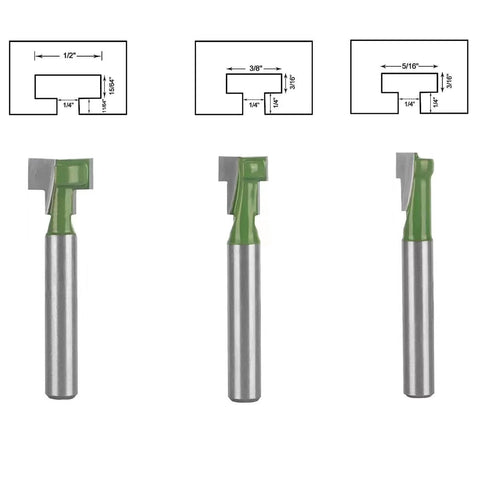 Keyhole Router Bit Set For Woodworking Six Piece Kit With Blade Diameters One Quarter Inch Five Sixteenth Inch Three Eighth Inch Nine Sixteenth Inch One Half Inch And Five Eighth Inch C2 Carbide Inserts Pro Grade Durable Alloy Bits For Slotting Tracks front view with diagrams.