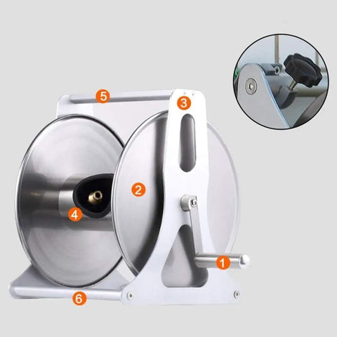 Slick Heavy Duty Retractable Hose Reel Cart With Wall Mount Stand and No Sweat Rollout Setup Up To One Hundred Thirty Feet, showing the reel and handle.