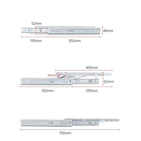 Rock Solid Heavy Duty Extendable Slide Rail Mechanism With Precision Lifting Hinge For No Sweat Adjustments And Truly Game Changing Square To Round Dining Table Space Flexibility, showing dimensions and details of a slide rail.