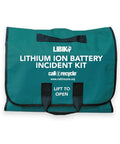 Heavy Duty Lithium Ion Battery Fire Suppression Blanket With Rapid Heat Shield For Overheated Devices And Emergency Safety Gear To Handle Thermal Runaways Like A Pro Without Any Drama, Lithium Ion Battery Incident Kit in teal color with handles.