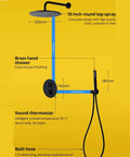 10 Inch Wall Mount Rain Shower System Set with matte black finish, brass hand shower, and round thermostat, detailed dimension layout.