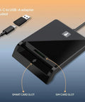 CAC Card Reader Plug And Play For USB C And USB A With Smart Card Security DOD Military Grade CCID ISO7816 Compatible in black with slots.