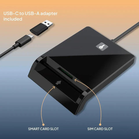 CAC Card Reader Plug And Play For USB C And USB A With Smart Card Security DOD Military Grade CCID ISO7816 Compatible in black with slots.