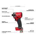 Professional Grade M18 Fuel Four Pack Cordless Power Tool Combo Kit Featuring Heavy Hitting One Half Drill Fast Draw Impact Wrench And Kickin Sawszall Saw Built For Long Shifts On Site With Top Shelf Performance showing a Milwaukee impact driver with specs.