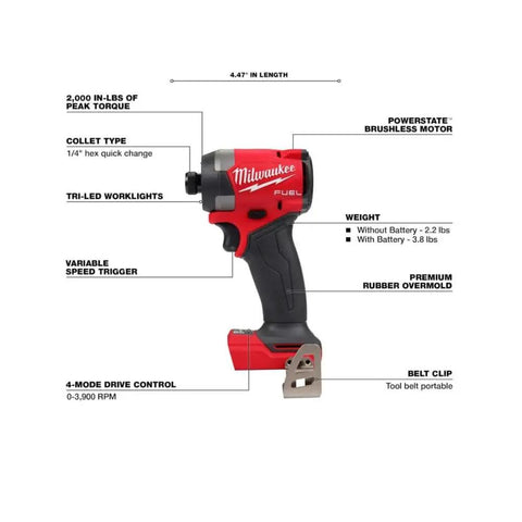 Professional Grade M18 Fuel Four Pack Cordless Power Tool Combo Kit Featuring Heavy Hitting One Half Drill Fast Draw Impact Wrench And Kickin Sawszall Saw Built For Long Shifts On Site With Top Shelf Performance showing a Milwaukee impact driver with specs.