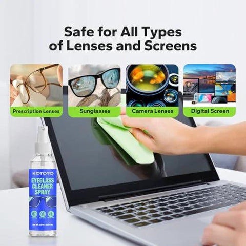 Kototo Eyeglass Cleaner Spray bottle with blue label, front view beside a laptop and microfiber cloth