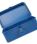 Classic Vintage Blue Metal Toolbox And Portable Tool Organizer For Auto Repair Job Site Storage Home Fix Ups Heavy Duty Rolling Gear Rack With Badass Grip Latches, open view showing interior.
