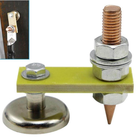 Earth Ground Connector For Auto Dent Repair And Stud Welding, Easy Clip Grounding Tool, metal and golden components close-up
