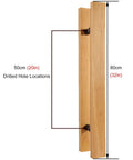 Side view of a Door Pull Handle Set For Interior And Exterior Doors Wooden Bar Pull Handle For Sliding Barn Doors Hotel Hallway Cafe Dining Room Push Pull Style Heavy Duty Easy Grip with marked drilled hole locations measuring 50cm and 80cm.