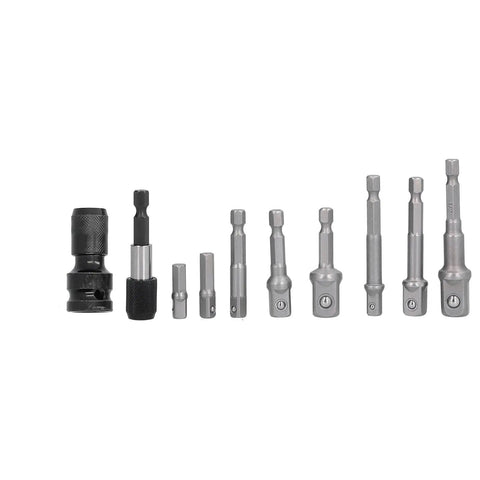Get Ready For Heavy Duty Jobs With This 11Pcs Socket Adapter Hex Shank Square Head Kit Featuring Chrome Vanadium Steel Self Locking Design To Keep Your Air Screwdriver And Electric Drill Bits Secure No Slipping Or Dropping During Tough Fastening Tasks. 11-piece chrome vanadium socket adapter set
