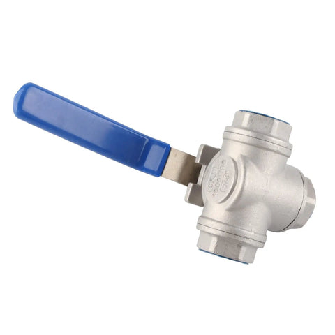 Rock Solid 304 Stainless Steel Three Way T Port Ball Valve 3/4 Inch DN20 with blue handle for controlling water and steam flow.