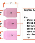 Pro Grade TIG Welding Consumables Kit With Gas Lens For 9/20/25 Series Torches, ceramic cups and thread sizes shown