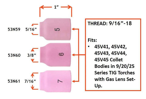 Pro Grade TIG Welding Consumables Kit With Gas Lens For 9/20/25 Series Torches, ceramic cups and thread sizes shown