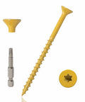 Five Hundred Count Exterior Deck Screws Size 10 By 3 Inch Yellow Ceramic Coated Fasteners with T25 bit and screw head.