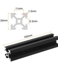 4 Pack V Slot 2020 Aluminum Extrusion Profile 100mm By 20mm Anodized Black European Standard with dimensions and cross-section view
