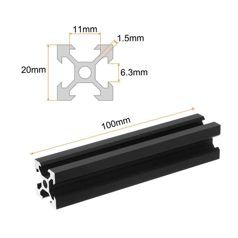 4 Pack V Slot 2020 Aluminum Extrusion Profile 100mm By 20mm Anodized Black European Standard with dimensions and cross-section view