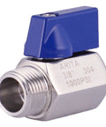 Three Eighths Inch Stainless Steel 304 Mini Ball Valve with blue lever, 1000 PSI, NPT male connection