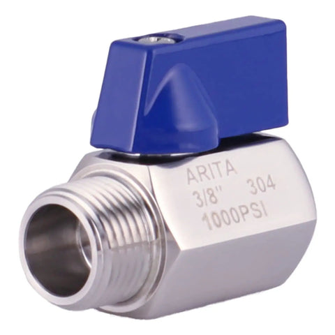 Three Eighths Inch Stainless Steel 304 Mini Ball Valve with blue lever, 1000 PSI, NPT male connection