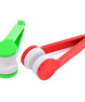 Mini microfiber glasses cleaner set, front view; green and red clip-on brushes with soft bristles.