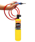 Hand holding MAP And MAPP Gas Soldering Mini Pen Torch Kit With 3 Foot Hose 6 Replaceable Heads Piezo Igniter Free Flint Lighter Storage Box