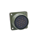 Military-spec MIL-C-5015 circular connector, 24-pin socket, olive-green, square flange with four mounting holes.