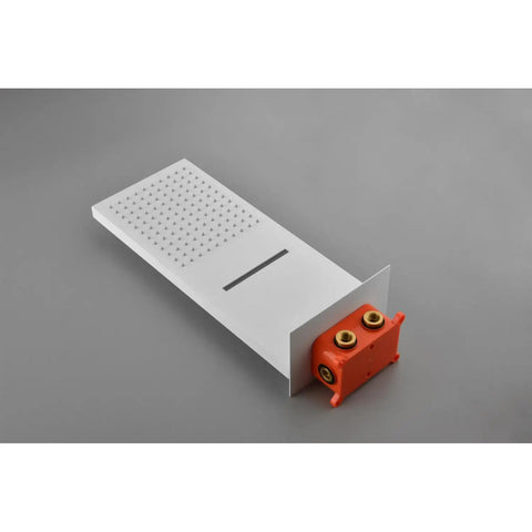 Shower System with Waterfall Rainfall and Handheld, wall-mounted white plate with orange connectors, modern design.