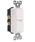 Dual Rocker Combination Decorator Switch White 120V 15A Ground Terminal UL Listed Two Separate Switches for Your Home or Office Residential Commercial Grade Space Saving Easy Install, front view