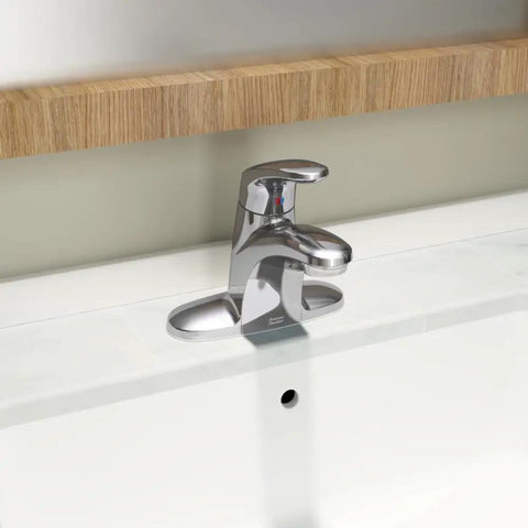 Colony Pro Single Handle Bathroom Sink Faucet With Metal Drain 1.2 GPM Polished Chrome installed on white sink