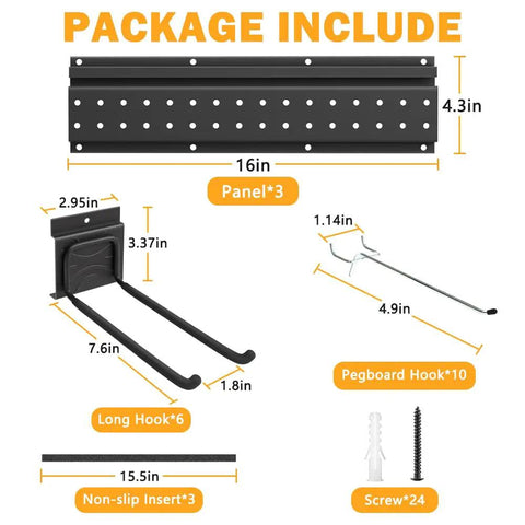 Garage Tool Storage Organizer Wall Mount Kit with Beefed Up 48 Inch Track System and 16 Hooks package contents