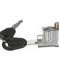 Lightweight Anti Theft Battery Box Lock for Electric Bikes and Scooters, silver finish, with 2 keys shown alongside lock cylinder