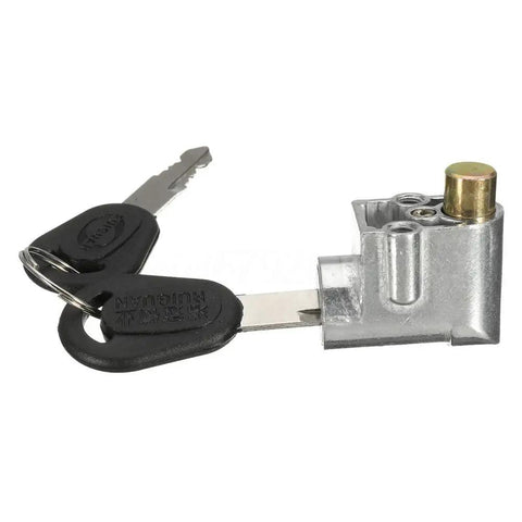 Lightweight Anti Theft Battery Box Lock for Electric Bikes and Scooters, silver finish, with 2 keys shown alongside lock cylinder