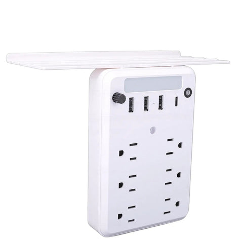 Smart Wall Outlet Extender With Six Power Receptacles And Four USB Ports Including Type C Charging Built In Storage Shelf Dimmable Night Light.
