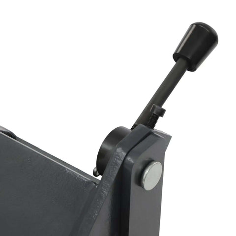 Close-up of the handle on a 24 Inch Pan And Box Metal Brake With Removable Fingers Heavy Duty Floor Standing Sheet Metal Bender Precision Pan And Box Brake