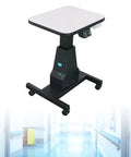 Professional Electric Optometry Lift Table With Motorized Height Adjustment And Smooth One-Button Control For Eyeglass Shops, compact design, with rollable castors.
