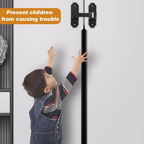 90/180 Degree Flip Barn Door Lock Security Latch For Sliding Doors And Cabinets Easy Install Privacy Gate Lock For Barn Garden Bathroom Window And More Matte Black Finish installed on cabinet with child reaching to open.