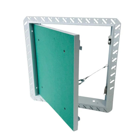 Sweet Slick 12X12 Drywall Access Panel With Heavy Duty Steel Frame and No Sweat Mudflange, showing inner green gypsum inlay.