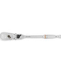 Two Piece One Quarter And Three Eighth Inch Drive 90 Tooth Locking Flex Head Teardrop Low Profile Ratchet Set with chrome finish