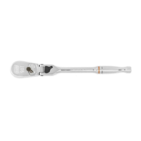 Two Piece One Quarter And Three Eighth Inch Drive 90 Tooth Locking Flex Head Teardrop Low Profile Ratchet Set with chrome finish