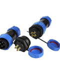 Waterproof Panel Mount Back Nut Connectors Kit SP13 SP16 SP17 SP20 SP21 IP68 Socket For Electrical Wiring 7Pole SP20 SP21 Heavy Duty Marine And Automotive Cable Connectors 100 Sets showing two connectors with blue caps