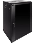 Heavy Duty 15U Wall Mount Server Rack Cabinet with Locking Glass Door, 17.7 Deep, Black, Dual Cooling Fans, Front View