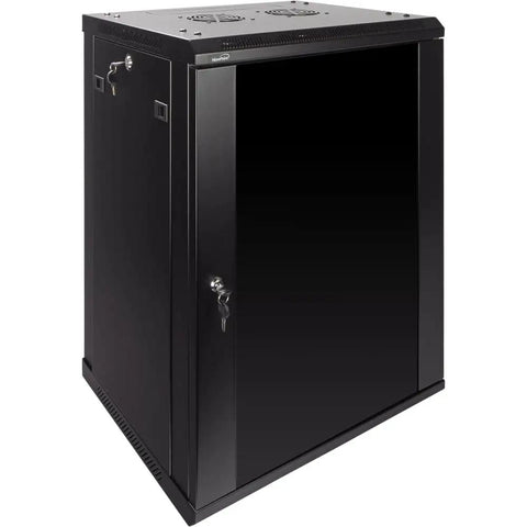 Heavy Duty 15U Wall Mount Server Rack Cabinet with Locking Glass Door, 17.7 Deep, Black, Dual Cooling Fans, Front View
