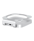 Heavy Hitter Mac Mini M4 Stand Hub Delivering 40Gbps Thunderbolt Expandability With NVMe SSD Enclosure view showing USB C ports.