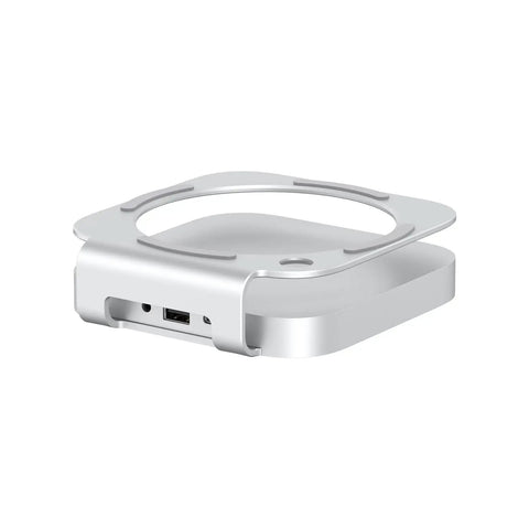 Heavy Hitter Mac Mini M4 Stand Hub Delivering 40Gbps Thunderbolt Expandability With NVMe SSD Enclosure view showing USB C ports.