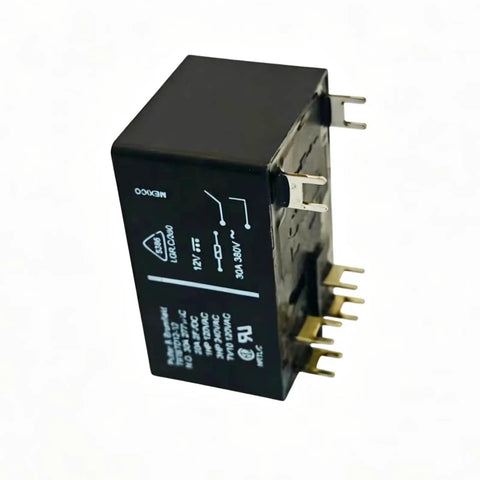 Set Of Two 30 Amp 12 Volt Dc Pc Board Power Relays Dpst No General Purpose Drop In Swaps Solid As A Rock For DIY Shop Work and Zero Drama Circuit Upgrades, side view showing terminals.