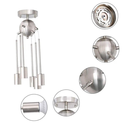 Sputnik Chandelier Light Fixture Six Lights In Brushed Nickel For A Modern Dope Living Room Bedroom Kitchen And Dining Area Mid Century Starburst Design Pre Wired Arms For Easy Ceiling Install, showcasing design details and brushed nickel finish.