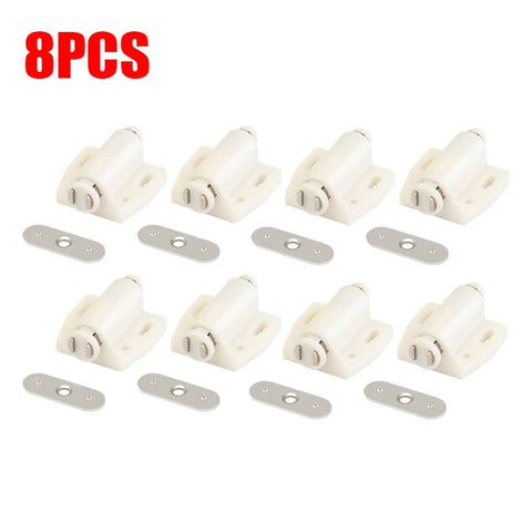 Grab These 8 Pack Single Magnet Cabinet Catches For The Perfect Door Stopper And Rebounder With Invisible Design And Seamless Clean Look For Cupboards And Wardrobes, includes 8 white plastic magnets and hardware.