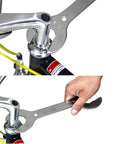 Four In One Bike Headset Wrench For Front Forks 30 32 36 40 Mm CrMo Steel shown adjusting a bicycle part