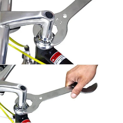Four In One Bike Headset Wrench For Front Forks 30 32 36 40 Mm CrMo Steel shown adjusting a bicycle part